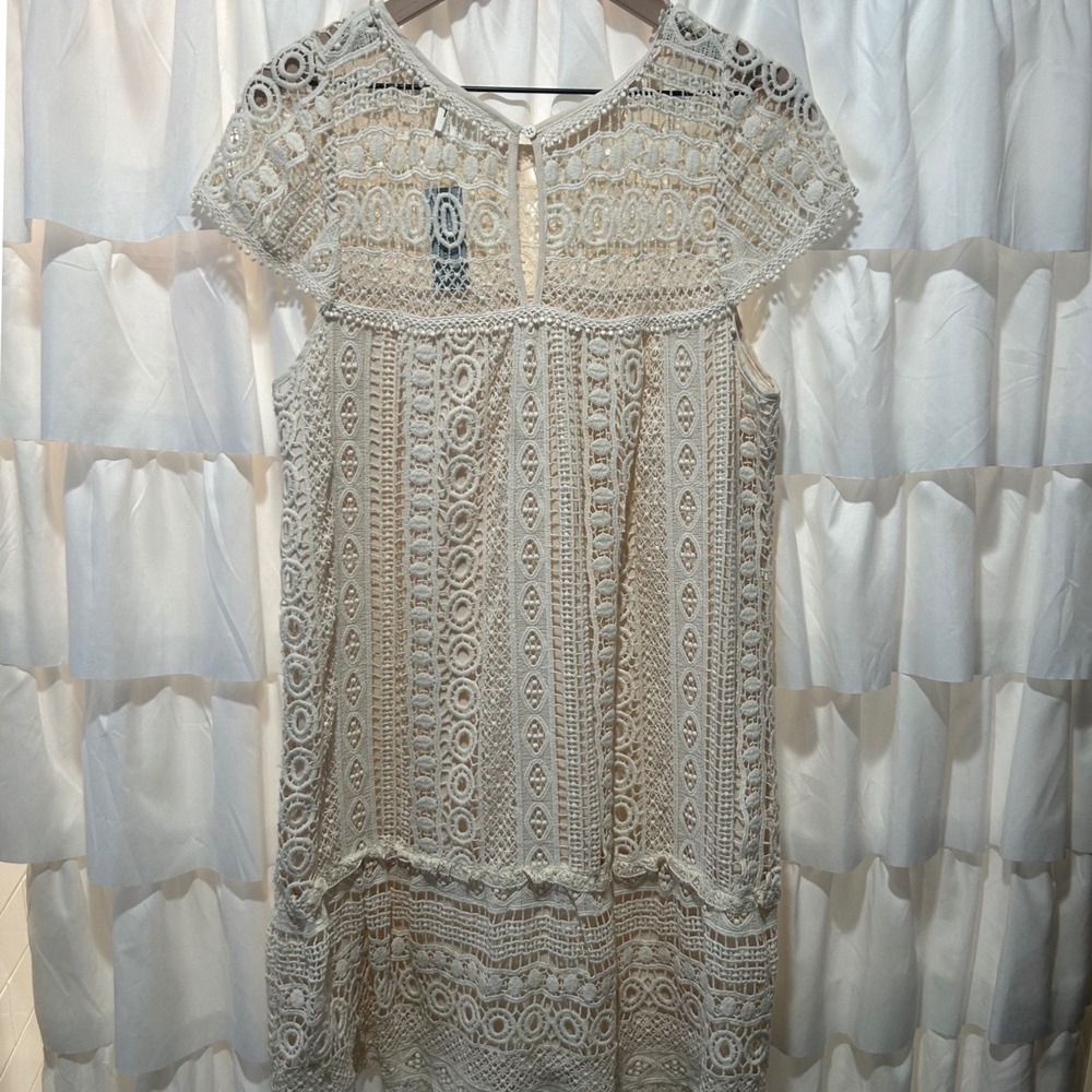 Maeve Crochet Cream Lace Shift Dress Ivory Boho Cap Sleeve Mini Sz Large Petite - Picture 4 of 10